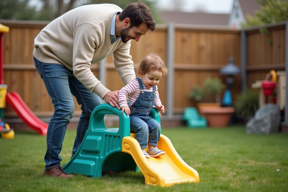 Pere aidant sa fille à grimper sur une petite glissière