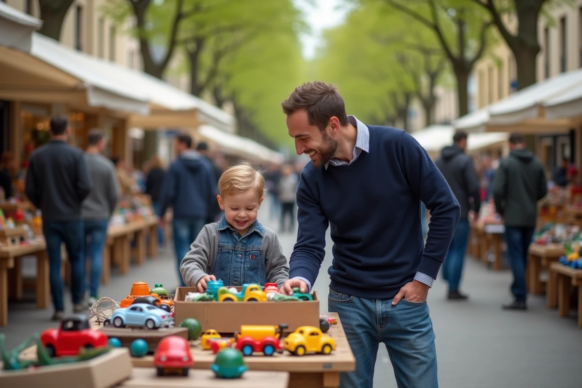 Père et enfant riant au marché d
