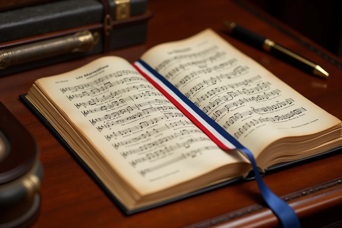 Partition officielle complète de la Marseillaise ouverte sur un lutrin en acajou avec annotations manuscrites et signet tricolore pour une cérémonie