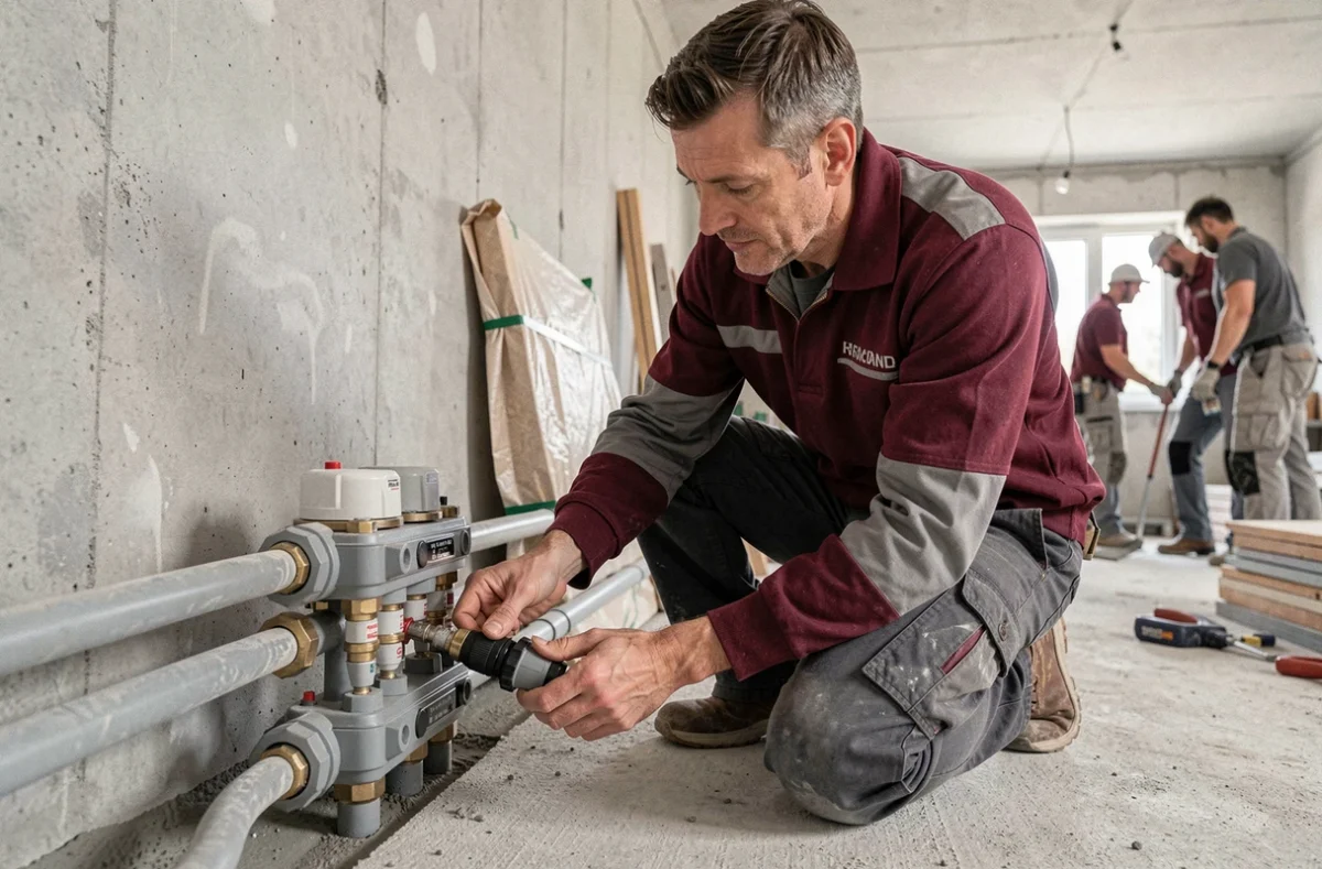 Un technicien de Pecquet Tesson règle le collecteur de chauffage au sol dans une maison en cours de rénovation avec chape et parois en béton