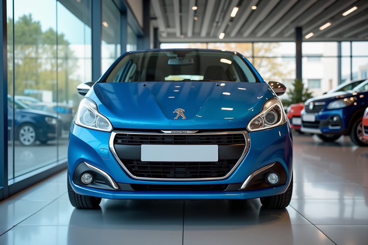 Voiture Peugeot 208 bleue dans un showroom intérieur