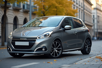Voiture Peugeot 208 grise en ville en plein jour