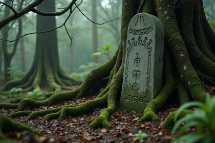 Pierre mégalithique gravée de symboles celtiques dans une forêt bretonne brumeuse, évoquant la mythologie des Korrigans