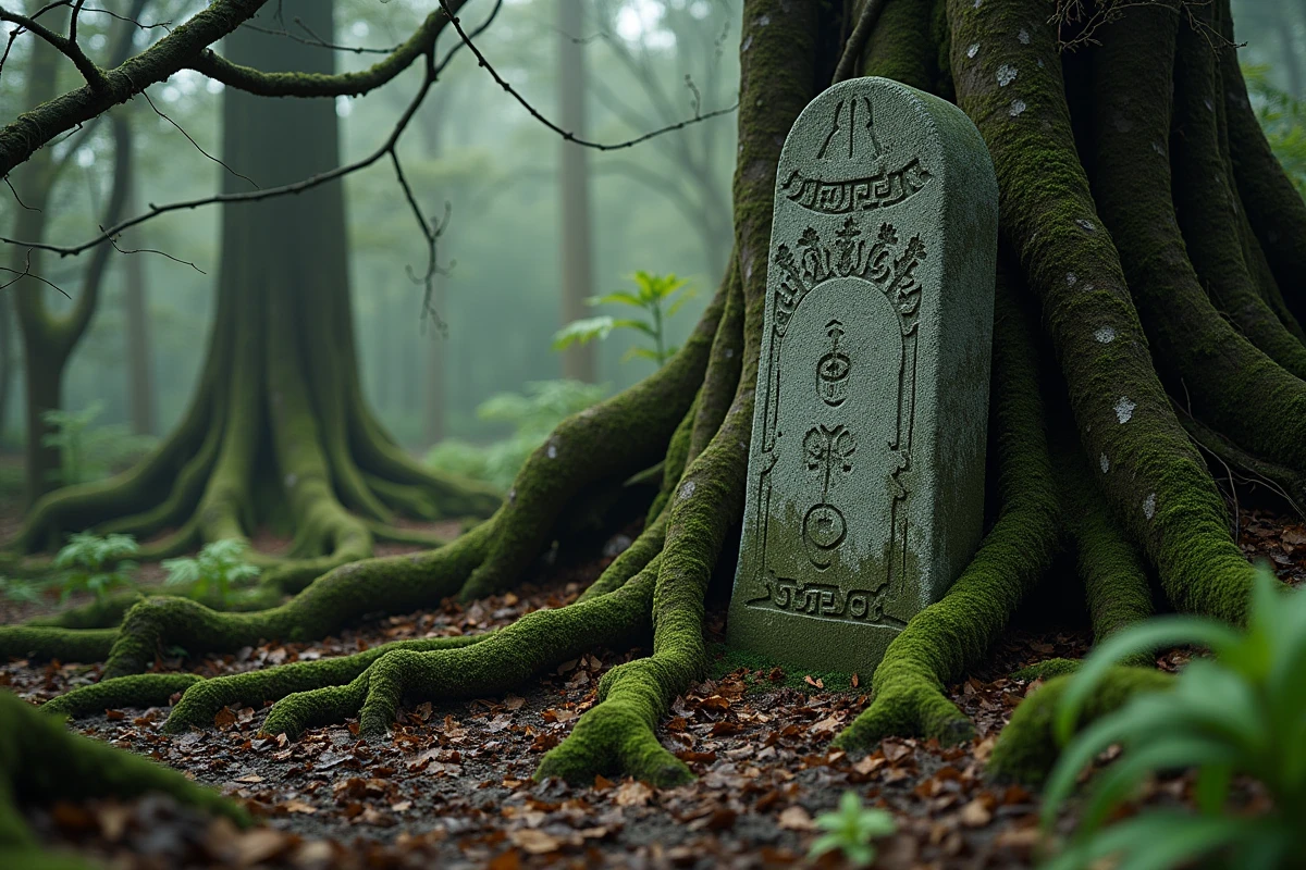 Pierre mégalithique gravée de symboles celtiques dans une forêt bretonne brumeuse, évoquant la mythologie des Korrigans