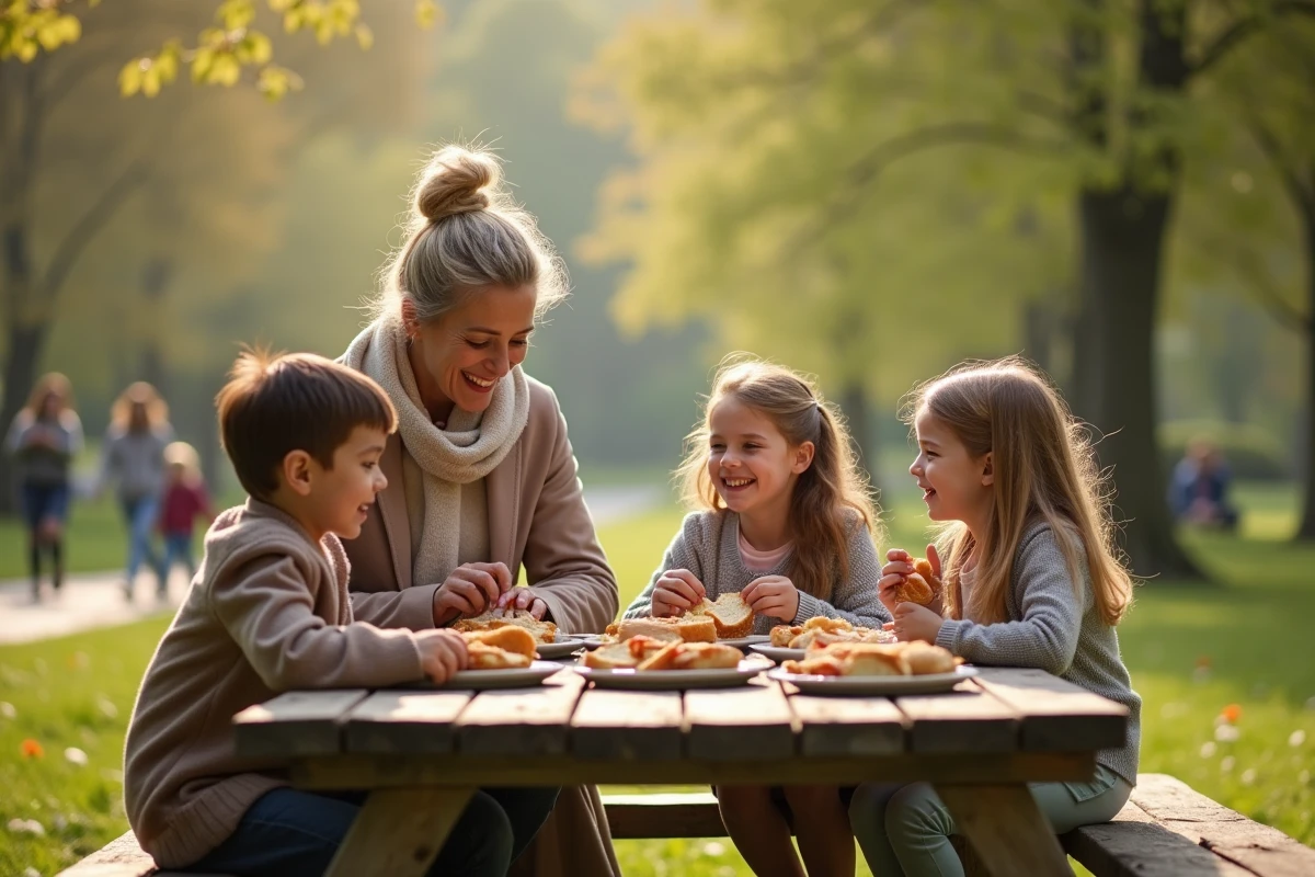Enfants et grand-mère pique-niquant dans un parc