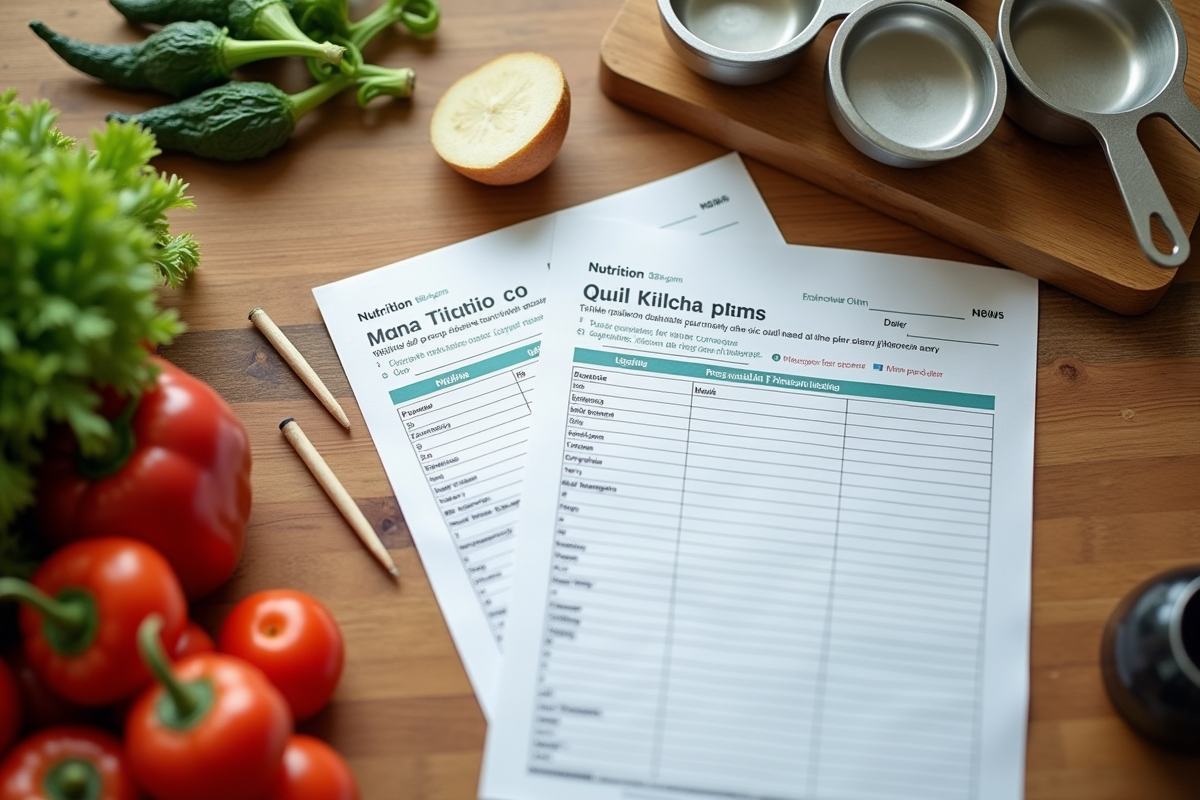 Plan nutrition avec légumes frais et tasses de mesure sur plan de travail