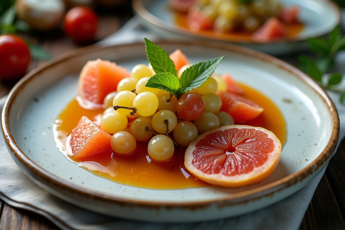 Plats gourmets avec fruits G en cuisine professionnelle