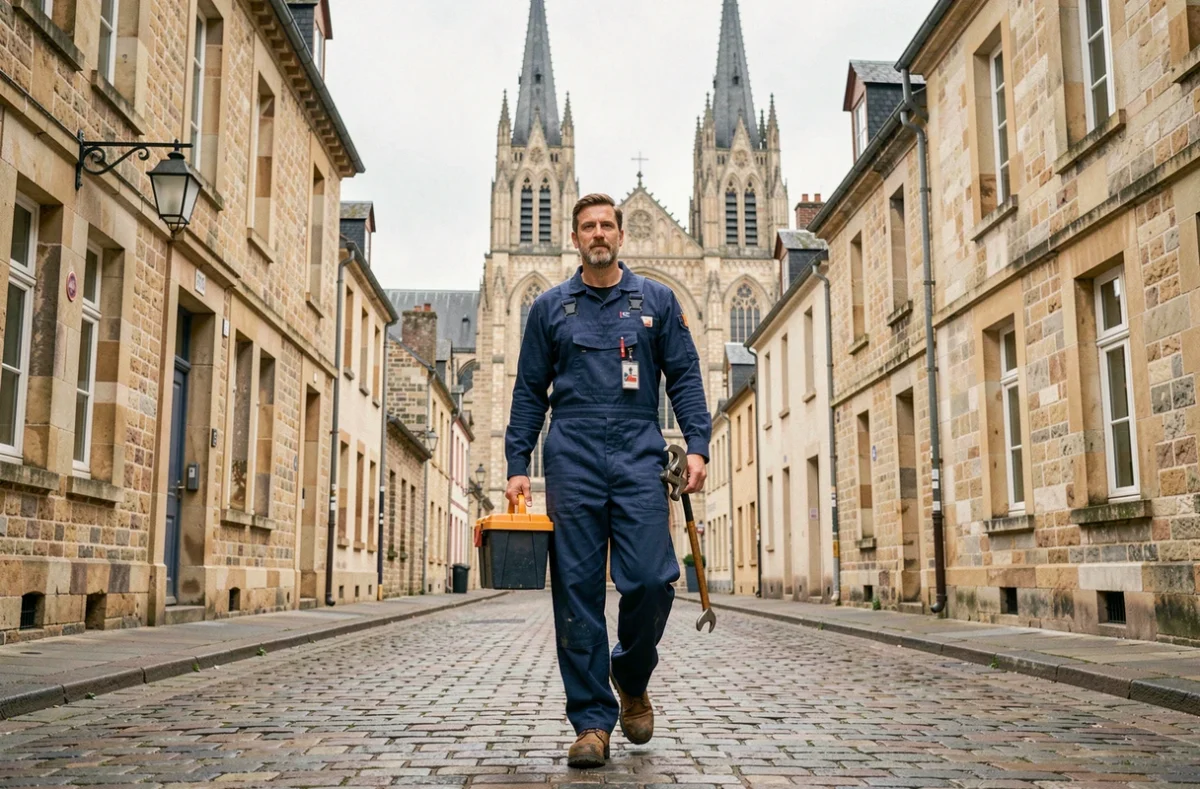 Un plombier professionnel marche dans les rues historiques de Rouen avec la cathédrale en arrière-plan, symbolisant les services de plomberie dans la ville