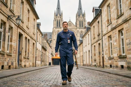Un plombier professionnel marche dans les rues historiques de Rouen avec la cathédrale en arrière-plan, symbolisant les services de plomberie dans la ville