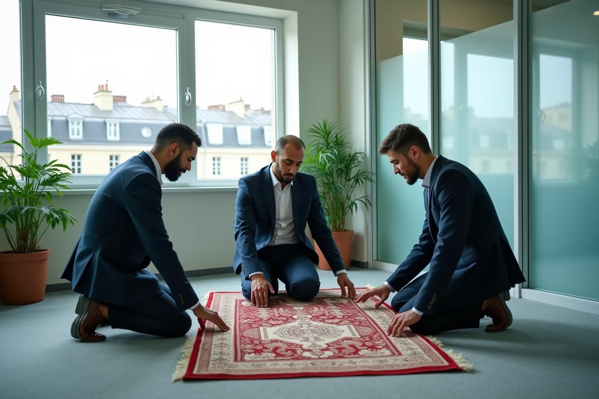 Collègues musulmans déroulant un tapis de prière dans une salle de pause de bureau à Paris