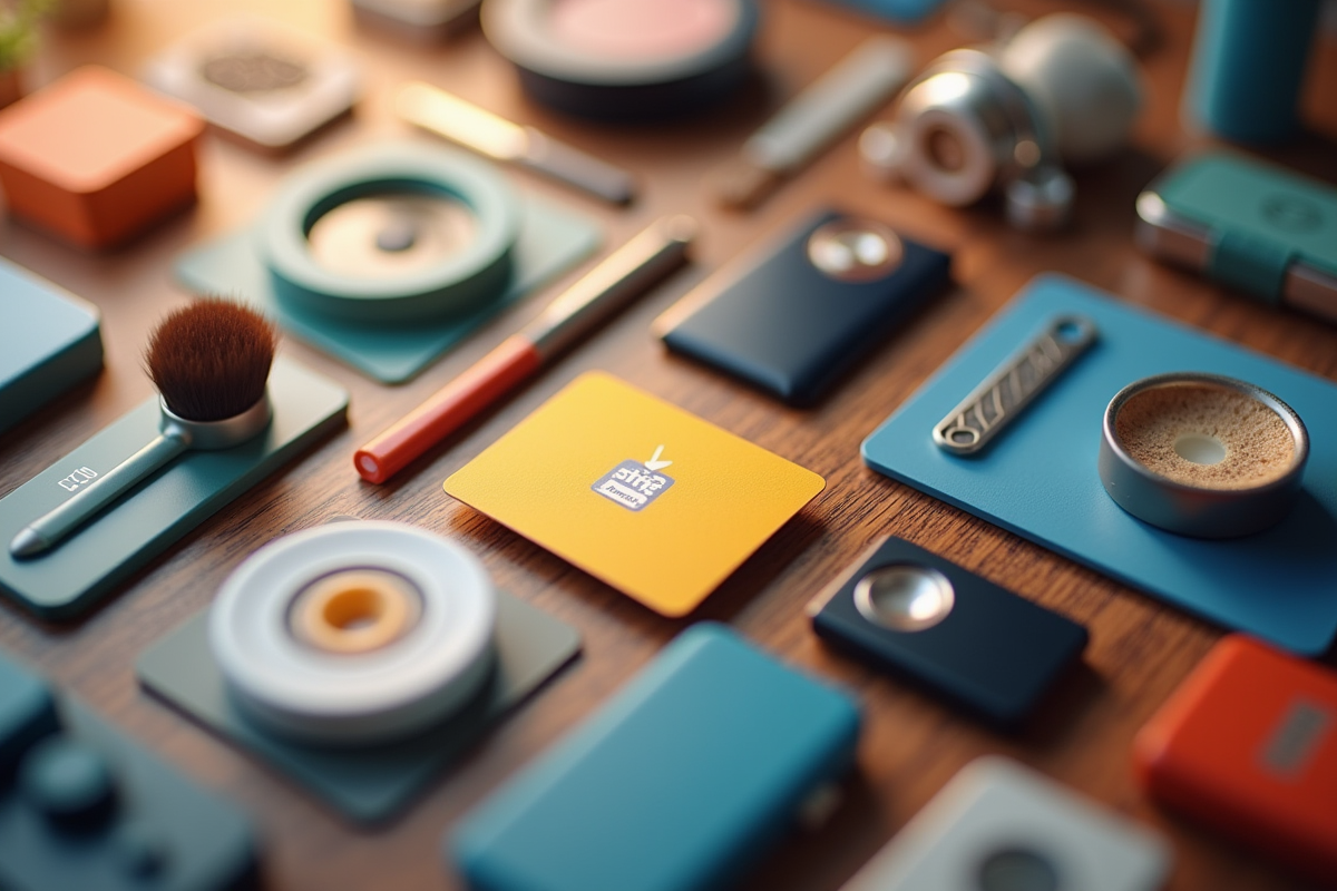 Assortiment de produits et icônes avec une carte Kadeos en focus