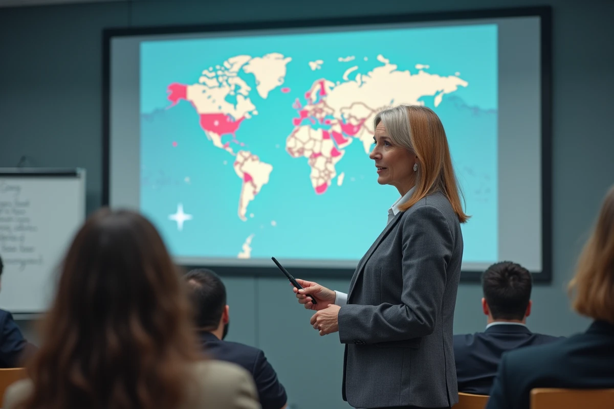 Professeure d'université désignant la Russie sur une carte du monde projetée lors d'un cours de géographie