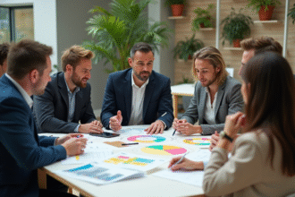Groupe de professionnels autour d'une table avec matériaux recyclés
