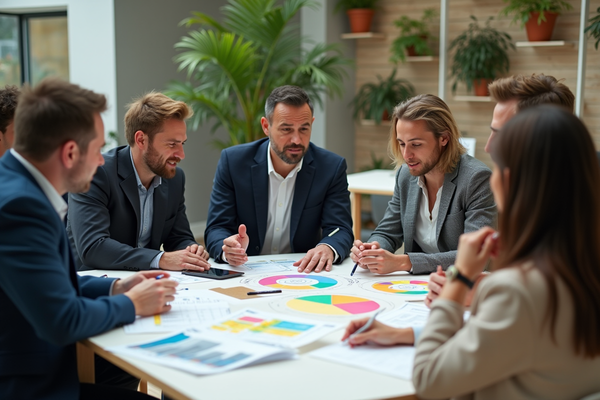 Groupe de professionnels autour d'une table avec matériaux recyclés