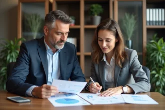 Homme et femme en tenue professionnelle analysant des documents financiers