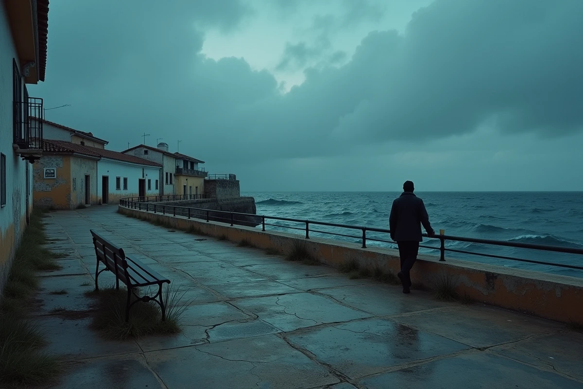 Promenade côtière espagnole déserte au crépuscule avec silhouette solitaire, ambiance thriller policier sombre