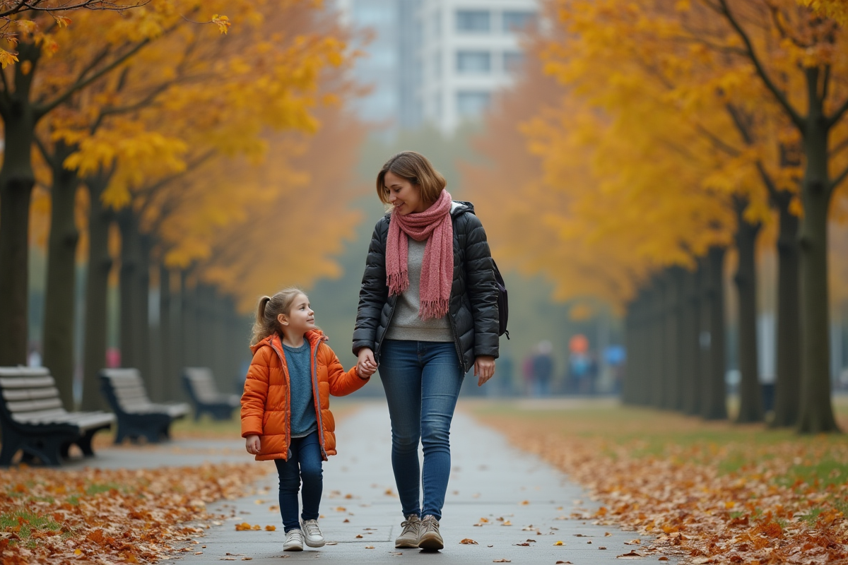 Mère et fille se promenant dans un parc en automne