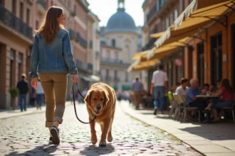 Femme avec chien dans une place historique de Toulouse