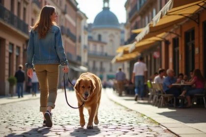 Femme avec chien dans une place historique de Toulouse