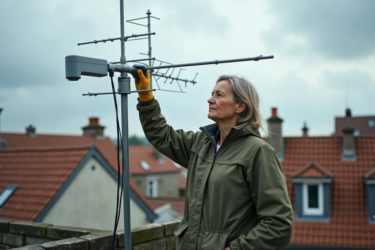 Femme réglant une antenne TNT extérieure sur un toit de maison en zone pavillonnaire
