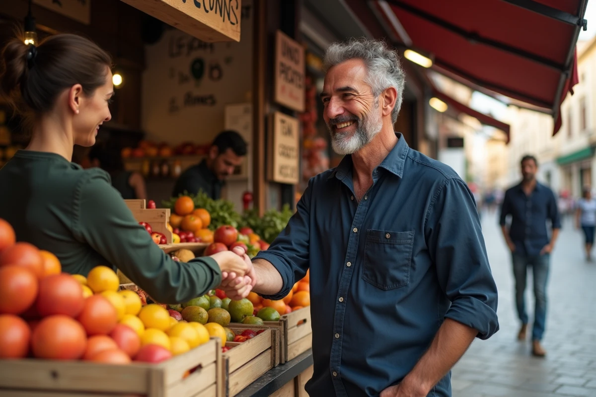Homme remerciant un vendeur au marché traditionnel espagnol avec une expression naturelle