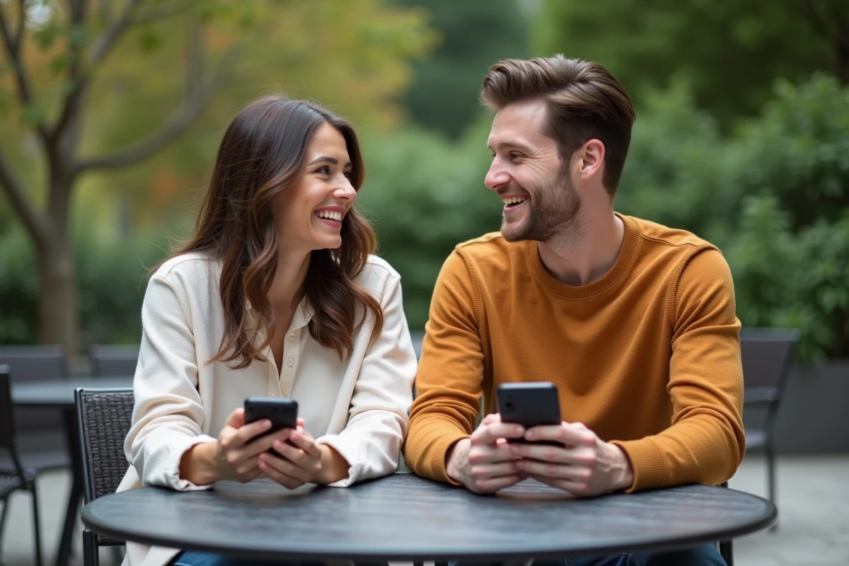 Deux personnes se rencontrant en terrasse après avoir échangé sur une application de tchat en ligne comme Chérie FM, illustrant les avantages et limites des rencontres numériques