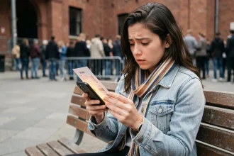 Jeune femme tenant un billet de concert devant une salle de spectacle, cherchant une solution de revente de dernière minute sur son smartphone