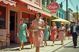 Scène de rue vintage des années 1950 avec femmes et hommes élégants