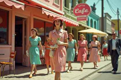 Scène de rue vintage des années 1950 avec femmes et hommes élégants