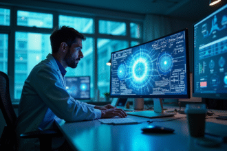 Scientifique dans un laboratoire moderne étudiant un hologramme quantique lumineux