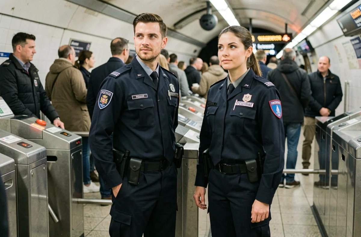 Agents de sécurité de la RATP en uniforme postés près des tourniquets d'une station de métro parisienne pour assurer la sûreté des voyageurs