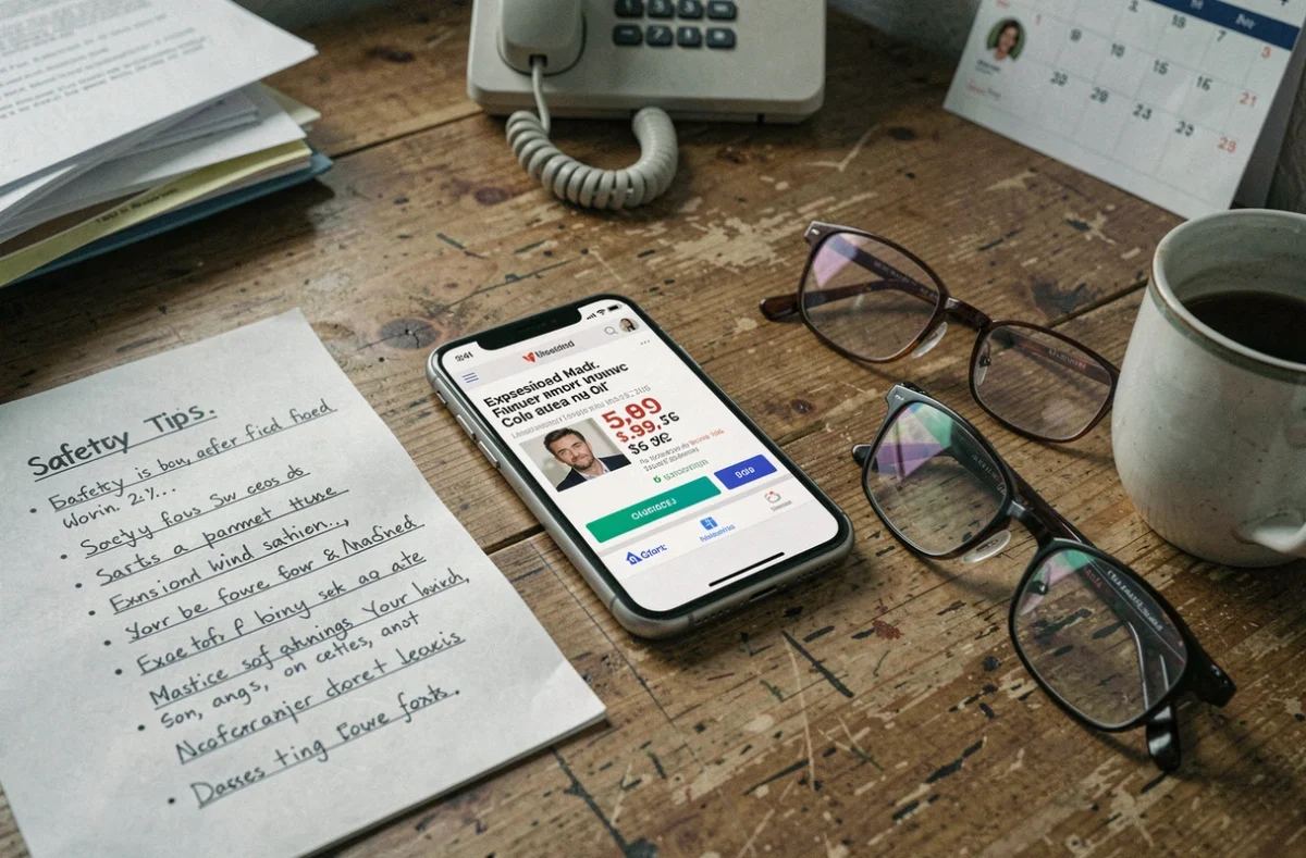 Smartphone affichant une annonce suspecte sur Le Bon Coin posé sur un bureau avec une liste de conseils anti-arnaque écrits à la main