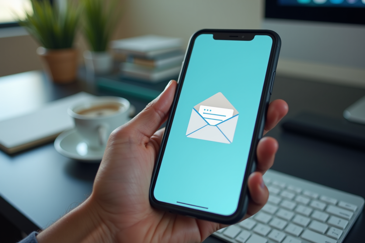Zoom sur un smartphone affichant une messagerie web dans un bureau moderne