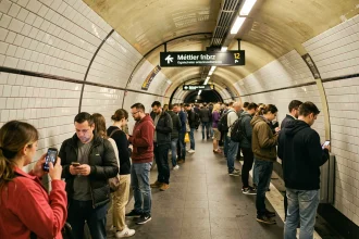 Quai animé d'une station de métro parisienne avec des voyageurs attendant le train sur fond de carrelage blanc emblématique