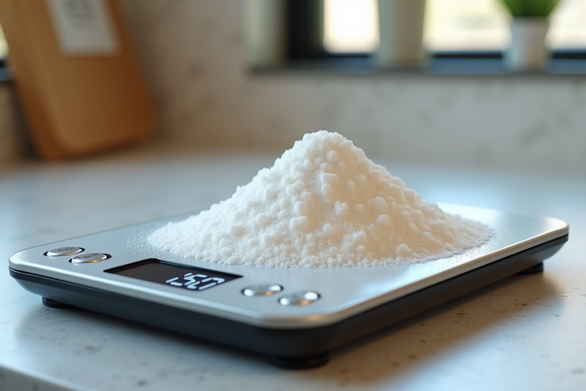 Sucre en grains sur une balance de cuisine moderne