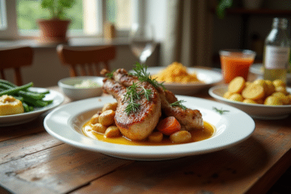 Table rustique avec plat de lapin en sauce moutarde