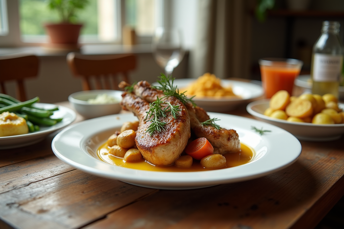 Table rustique avec plat de lapin en sauce moutarde
