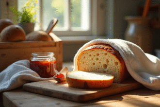 Table rustique avec pain artisanal tranché et confiture