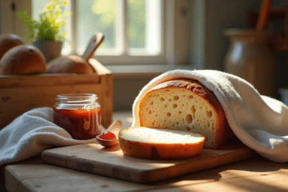 Table rustique avec pain artisanal tranché et confiture
