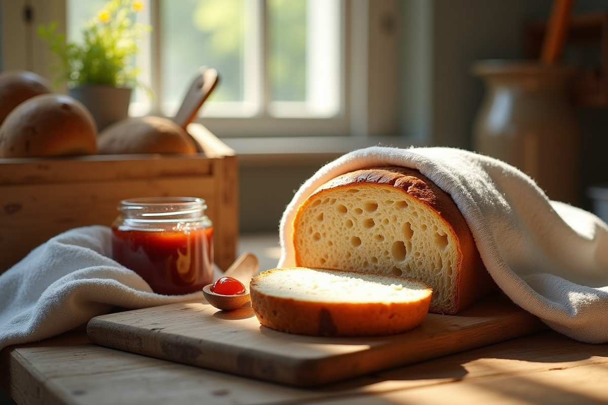 Table rustique avec pain artisanal tranché et confiture