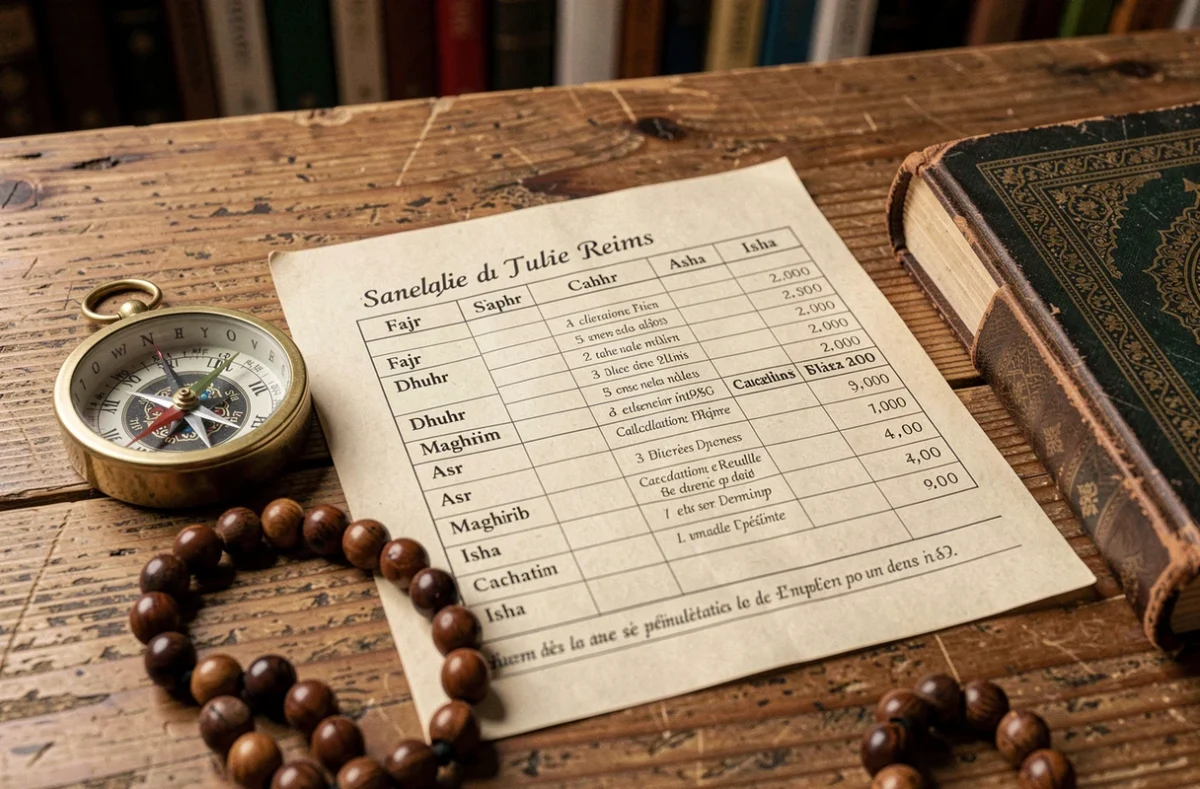 Tableau imprimé des horaires de prière islamique pour Reims avec boussole Qibla et chapelet sur un bureau en bois