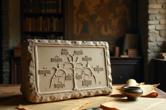 Tablette de pierre antique gravée d'un arbre généalogique des dieux grecs posée sur un bureau d'érudit avec des parchemins et objets anciens