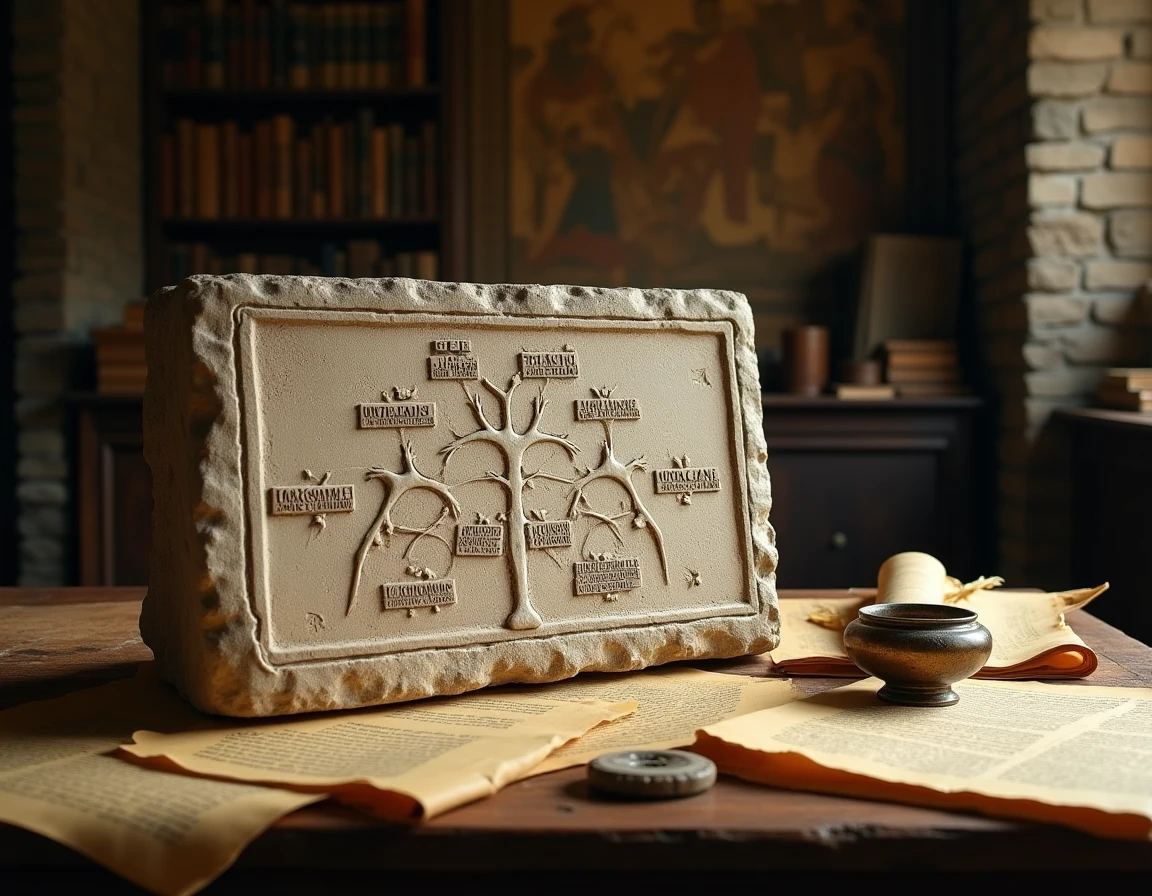 Tablette de pierre antique gravée d'un arbre généalogique des dieux grecs posée sur un bureau d'érudit avec des parchemins et objets anciens