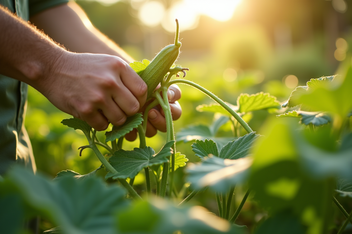 Prise de vue rapprochée de mains taillant des plants de concombre dans un jardin ensoleille