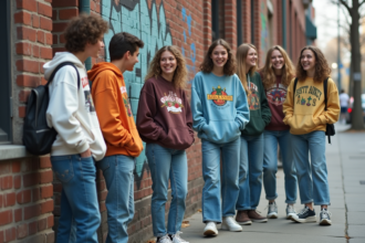 Groupe d'adolescents des années 80 en sweatshirts larges