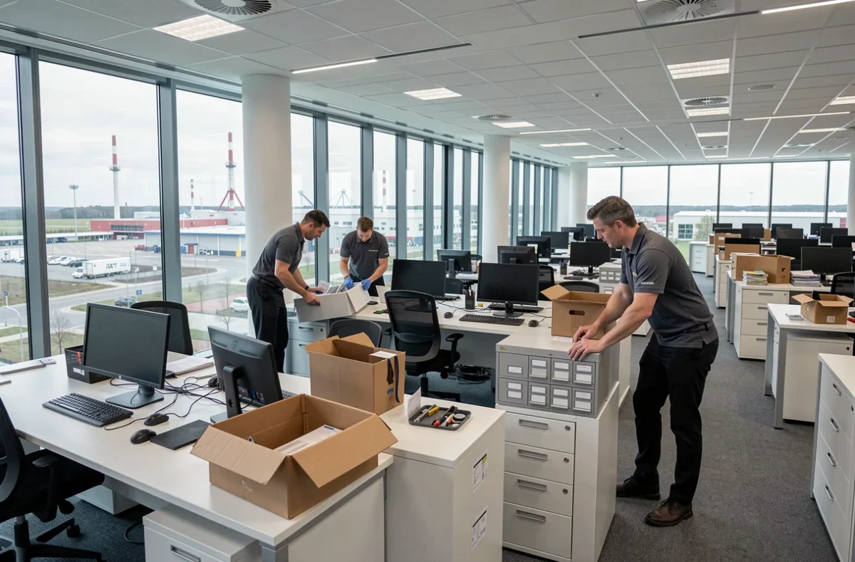 Équipe Trandem démontant des bureaux dans un open space lors d'un déménagement d'entreprise en Moselle