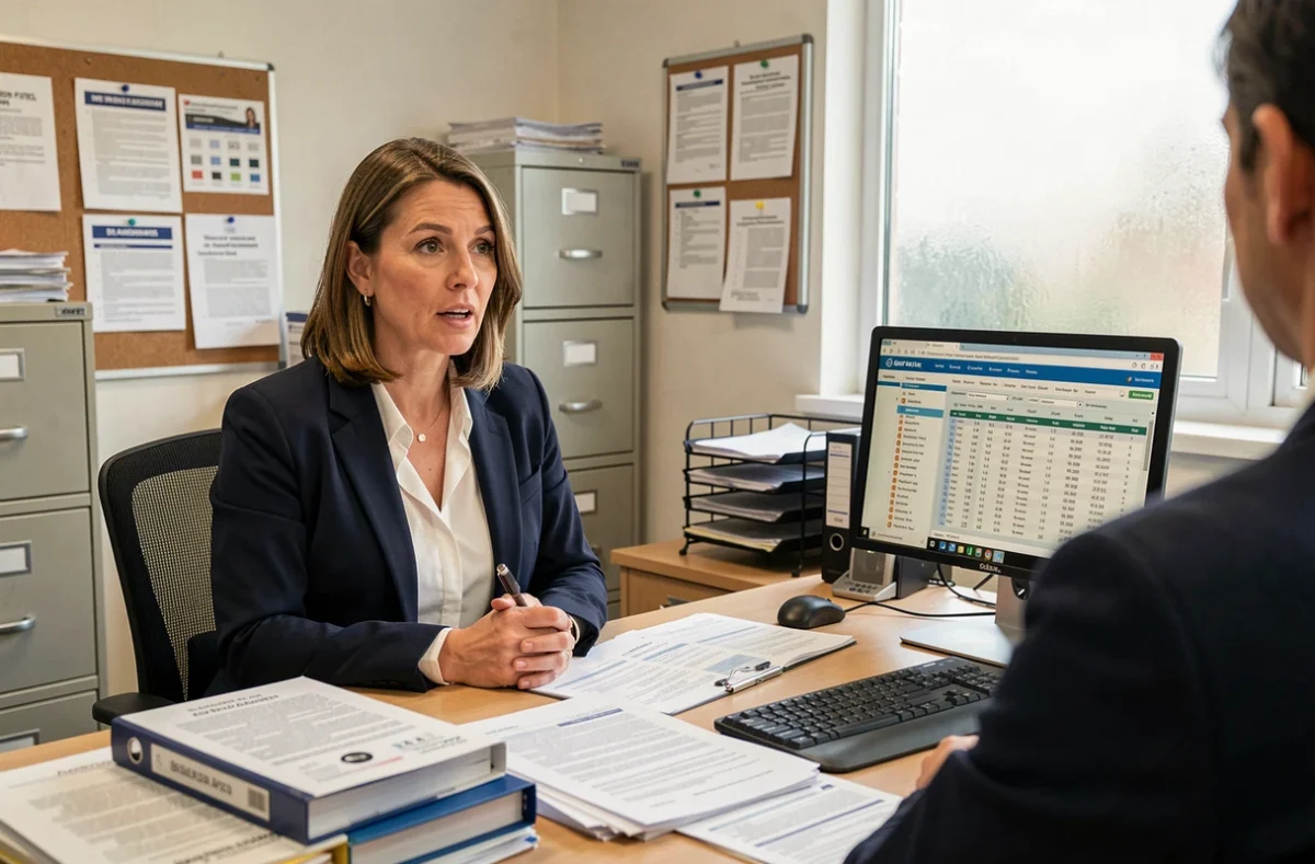 Travailleuse sociale expliquant les droits de visite au parloir dans un bureau administratif pénitentiaire
