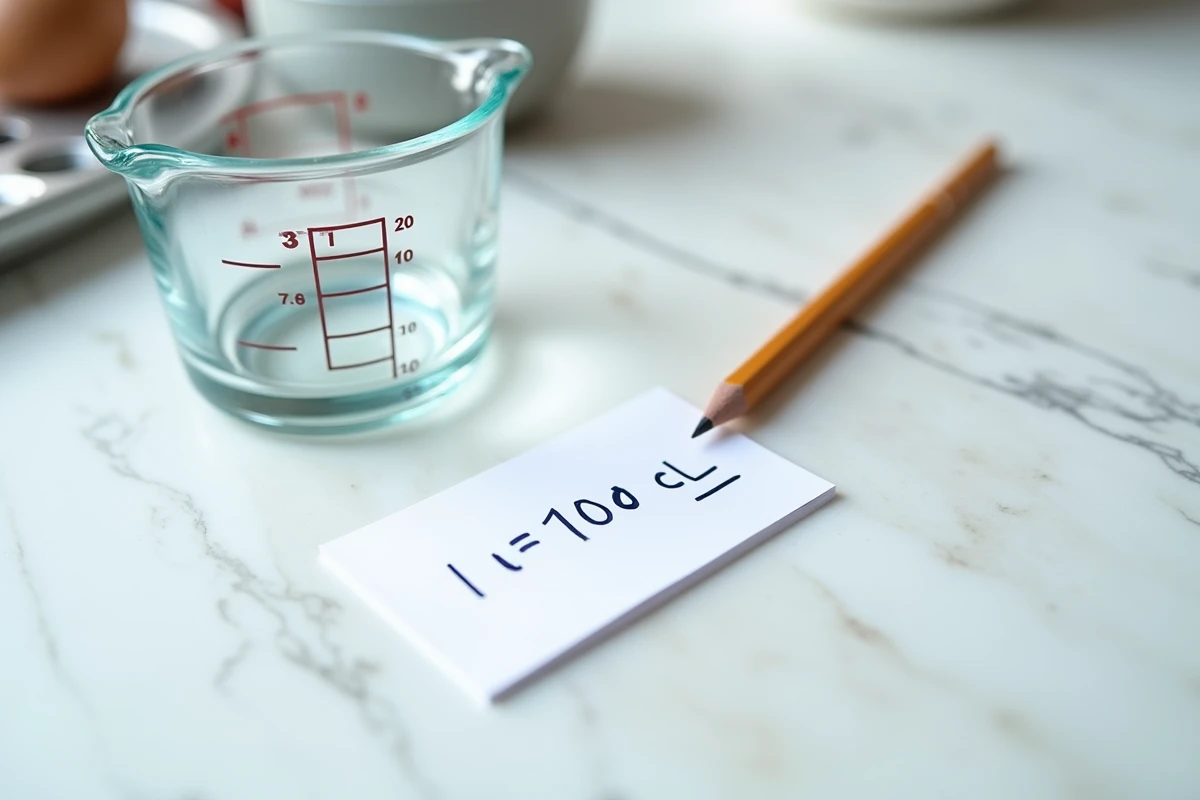Vue de dessus d'un verre doseur gradué en litres et centilitres avec une fiche de conversion manuscrite sur un plan de travail en marbre