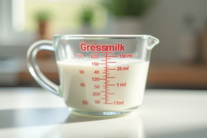 Verre mesureur de lait de 150 ml dans une cuisine lumineuse