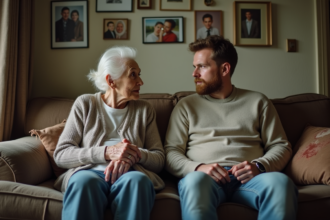 Femme âgée et jeune homme assis sur un canapé familial